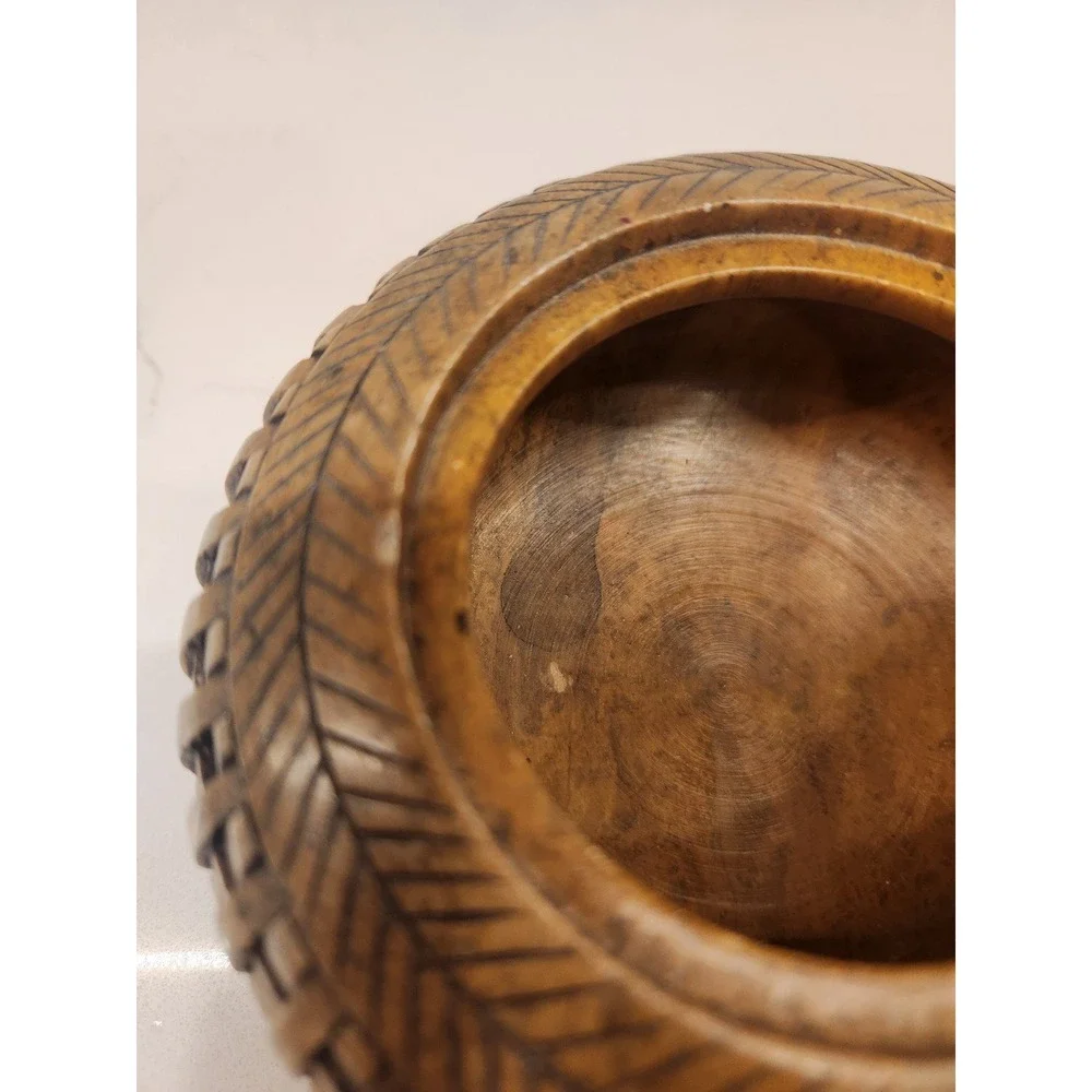 Vertical Wicker Weave Brown Soapstone Jar Trinket Decor Box with Lid‎ Heavy